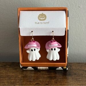 New True To Form Pink Hat Cowgirl Western Ghost Earrings Halloween Cute Spooky